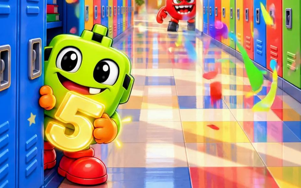 Digi bursting out of a locker holding a golden 5